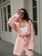 Women's Two Piece Set with Button Blouse and Matching Shorts