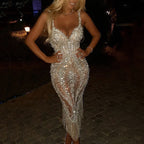 Women's Sequin Fringe Evening Dress – V-Neck Sparkle Formal Gown