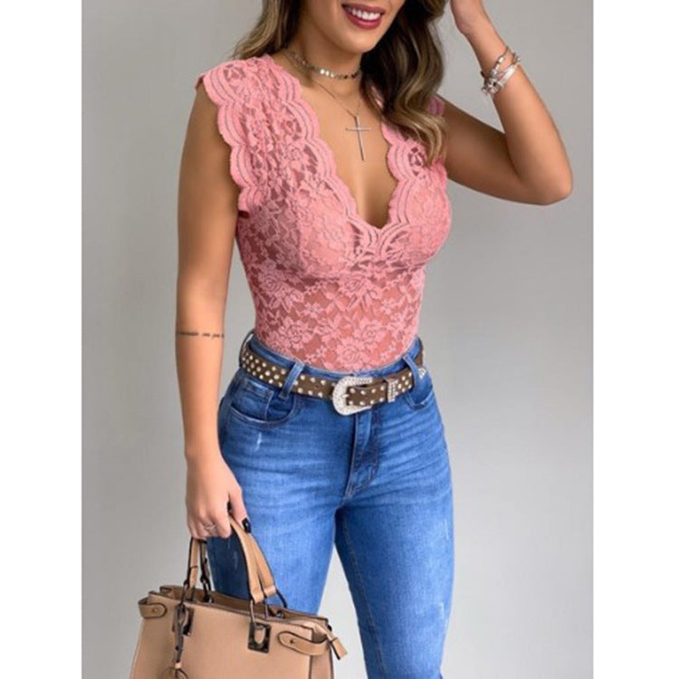 Women's Ruffle Sleeve Lace Bodysuit – Deep V-Neck Fitted Bodysuit
