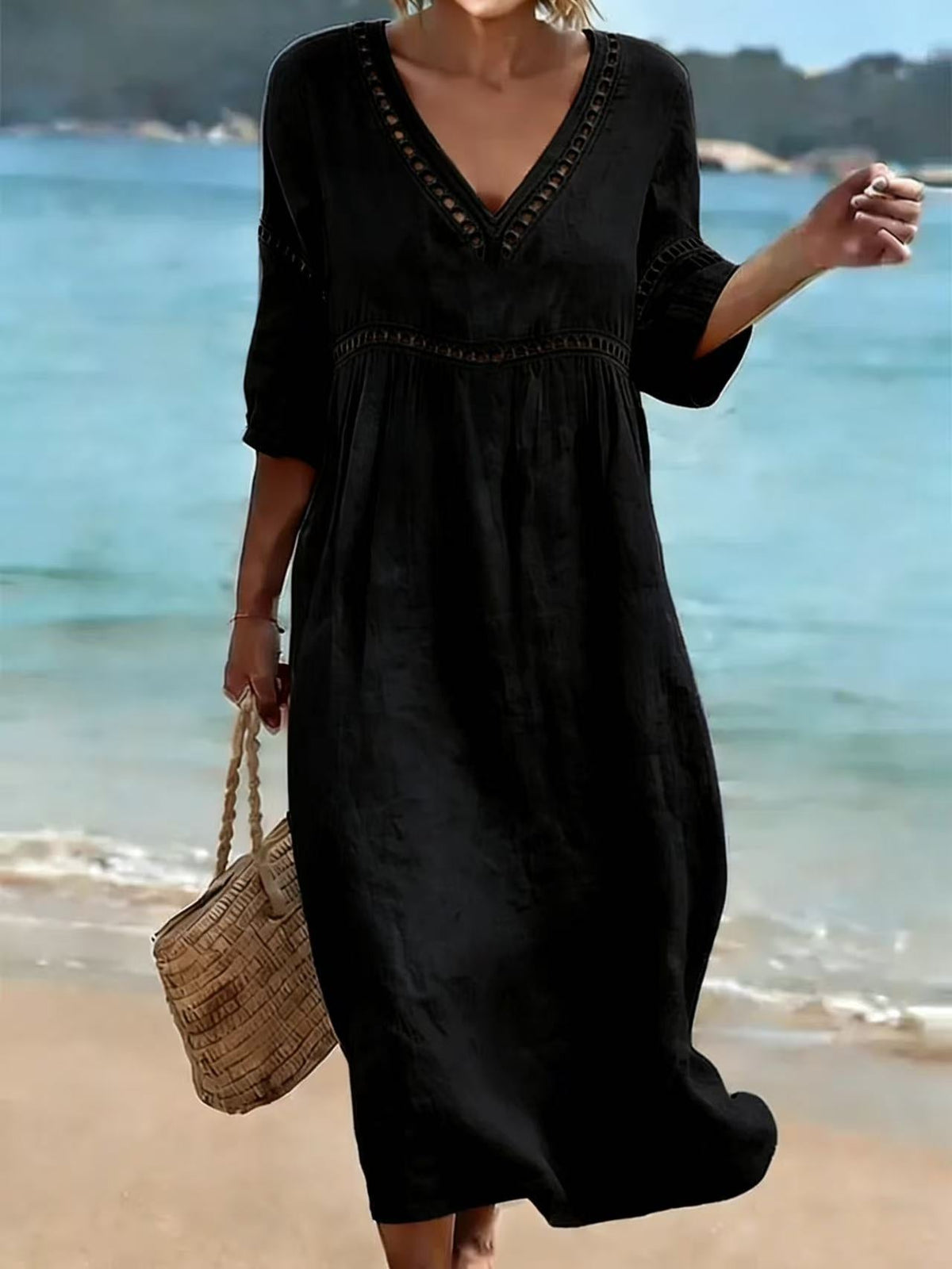 Women's V-Neck Midi Dress – Short Sleeve Pocket Summer Dress