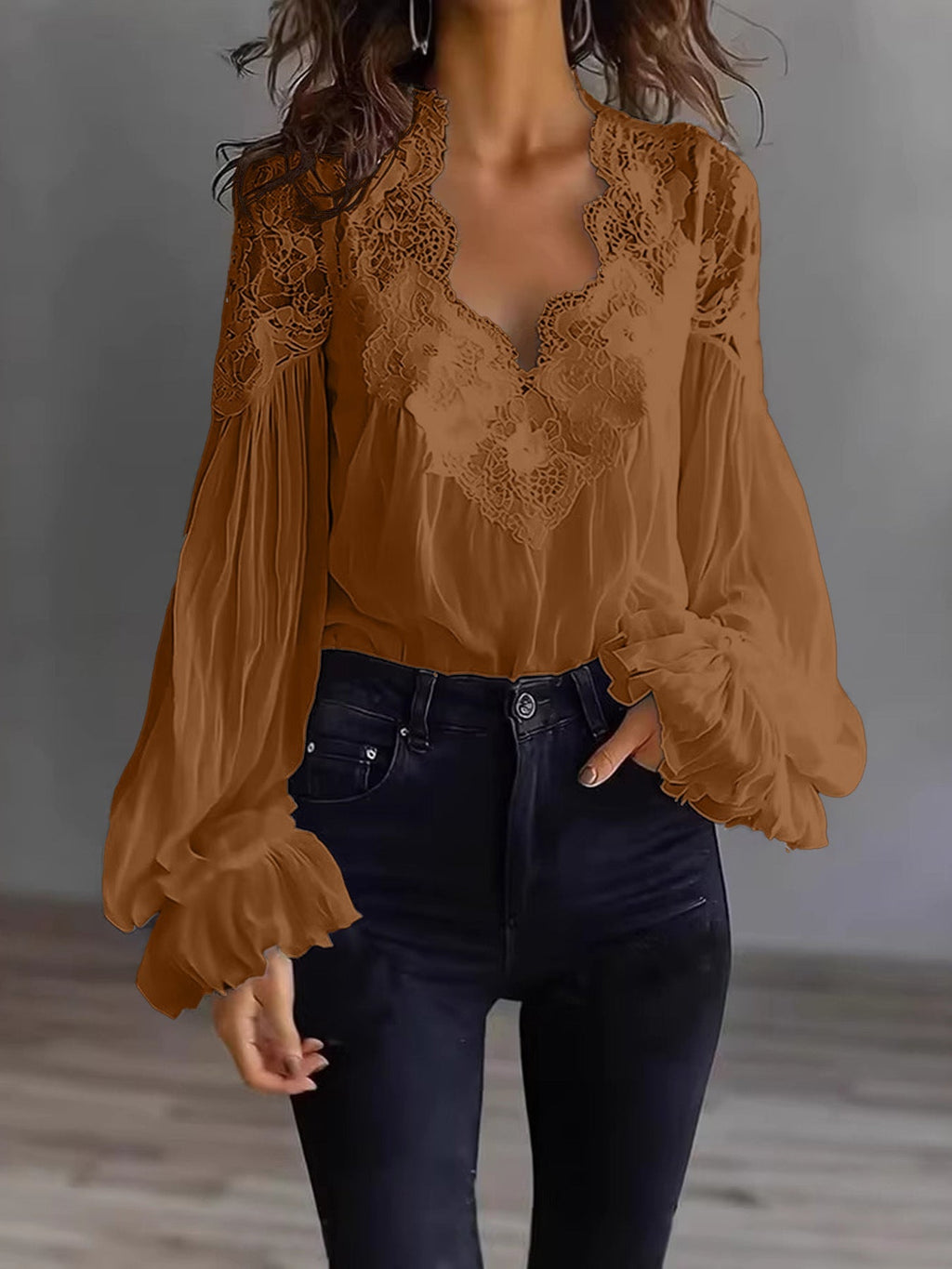 Women's Lace Blouse with Sheer Sleeves and Scalloped Details