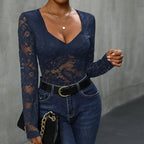 Women's Floral Lace Bodysuit – Deep V-Neck Long Sleeve Sheer Bodysuit