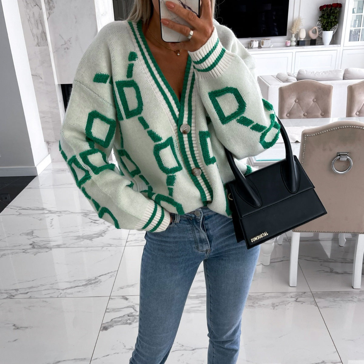 Women's Geometric Knit Cardigan – Oversized Button Front Patterned Cardigan