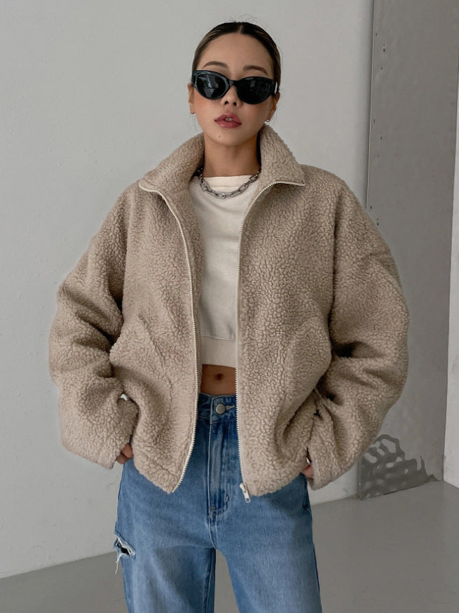 Women's Oversized Fleece Jacket – Stand Collar Zip-Up Winter Jacket
