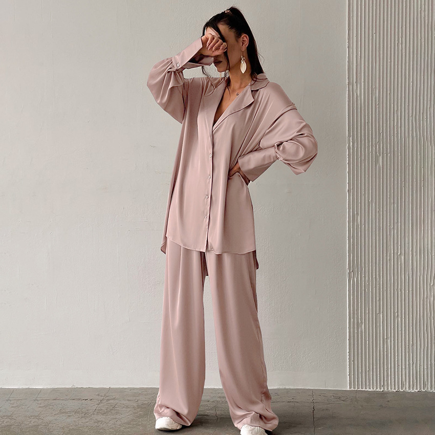 Women's Relaxed Oversized Lounge Set – Wide Leg Pants and Blouse Set