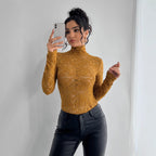 Women's High Neck Lace Bodysuit – Sheer Floral Long Sleeve Bodysuit