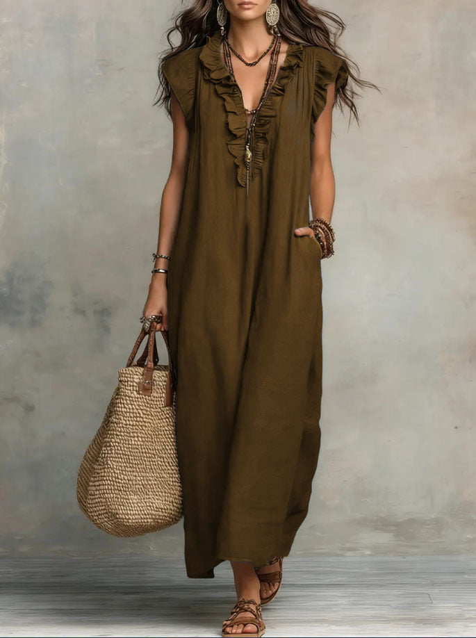 Women's Boho Maxi Dress – Flowy Ruffle Long Dress with Pockets