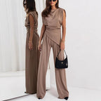 Women's Draped Top Pants Set – High Waist Wide Leg Co-Ord Set