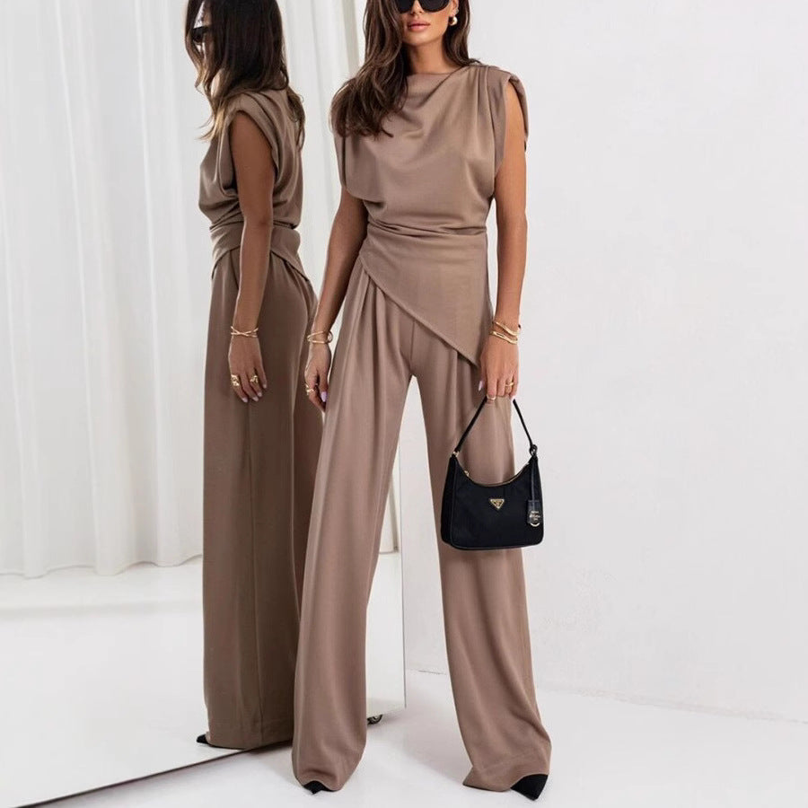 Women's Draped Top Pants Set – High Waist Wide Leg Co-Ord Set