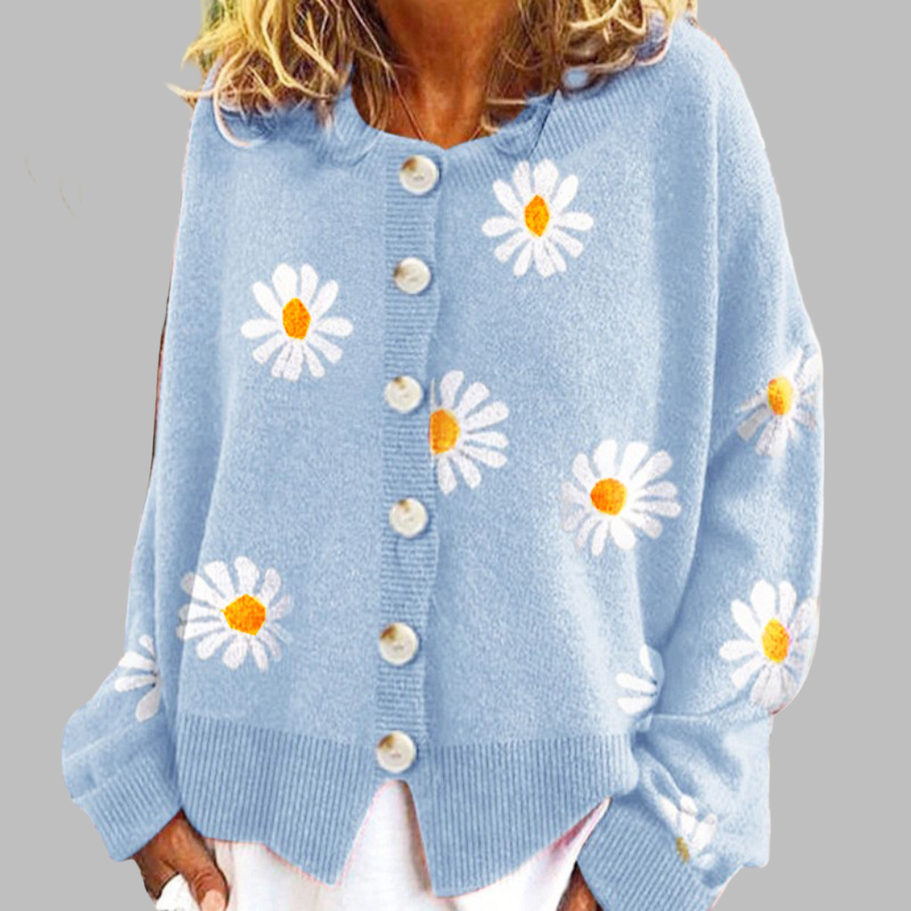 Women's Floral Knit Cardigan – Round Neck Long Sleeve Cardigan