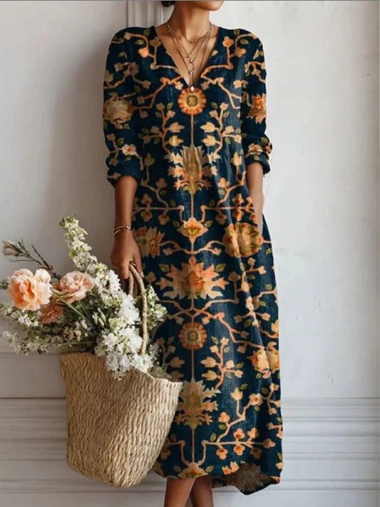 Women's Vintage Floral Midi Dress – Relaxed A-Line Summer Dress