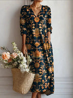 Women's Vintage Floral Midi Dress – Relaxed A-Line Summer Dress