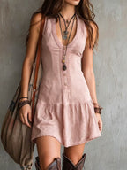 Women's Boho V-Neck Summer Dress – Ruffle Hem Cinched Waist Dress