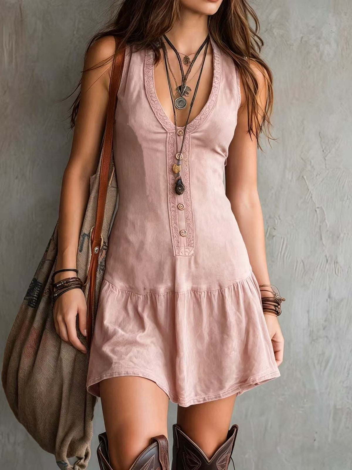 Women's Boho V-Neck Summer Dress – Ruffle Hem Cinched Waist Dress