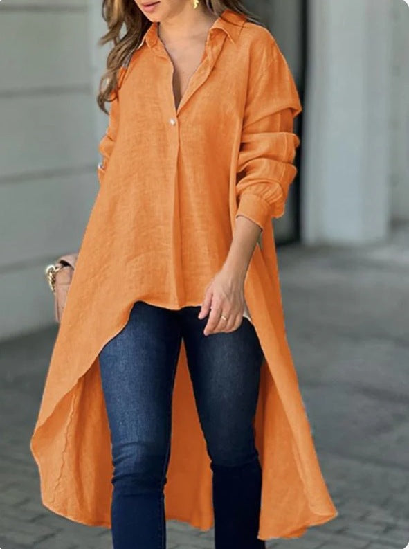 Women's Longline Shirt Blouse – Asymmetrical Button Down Tunic Blouse