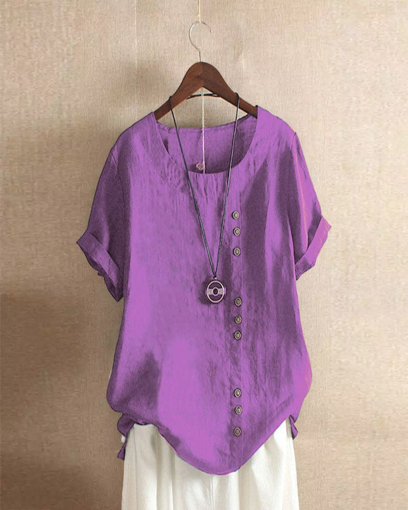 Women's Casual Blouse with Rolled Sleeves and Front Buttons