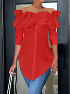 Women's Off-Shoulder Ruffle Blouse – Button Front Three-Quarter Sleeve Blouse
