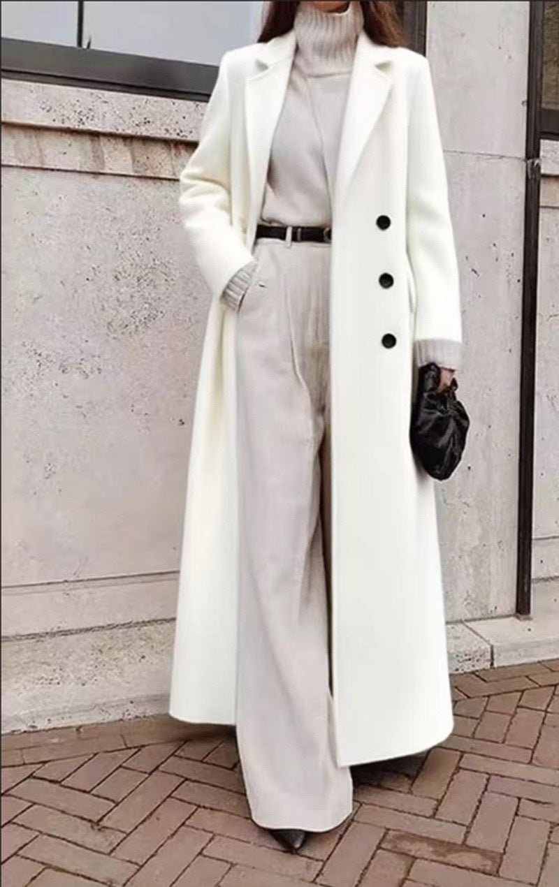 Women's Double-Breasted Long Coat – Deep Pocket Tailored Overcoat