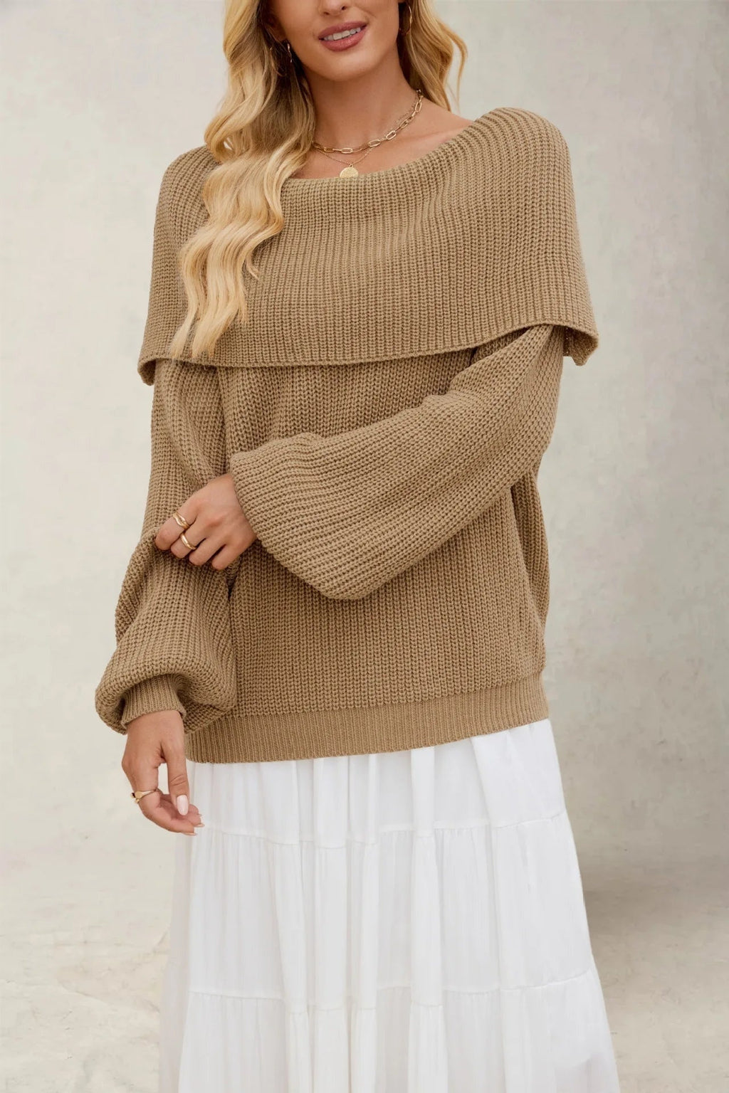 Women's Off-Shoulder Sweater – Relaxed Wide Neck Long Sleeve Pullover