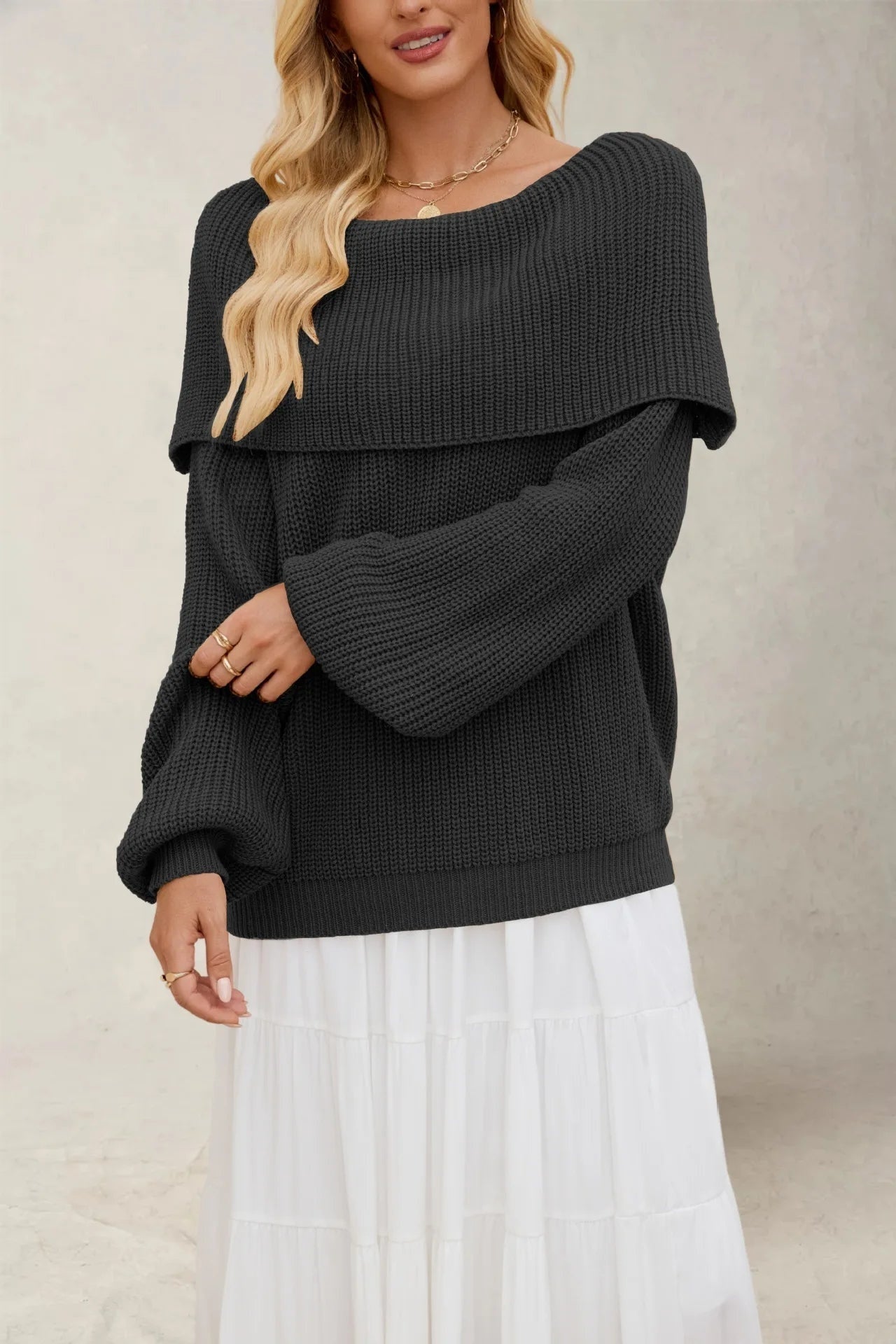 Women's Off-Shoulder Sweater – Relaxed Wide Neck Long Sleeve Pullover