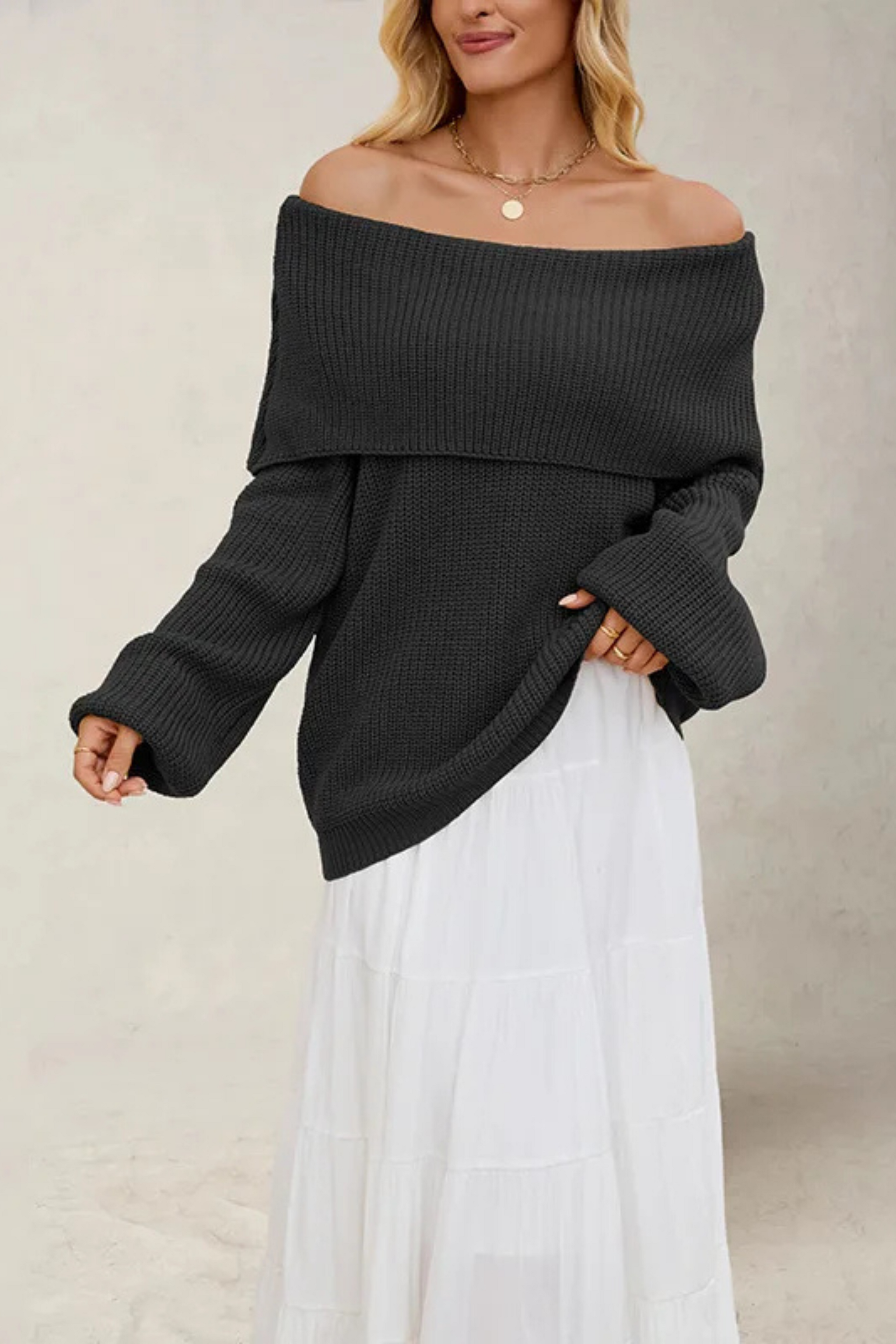 Women's Off-Shoulder Sweater – Relaxed Wide Neck Long Sleeve Pullover