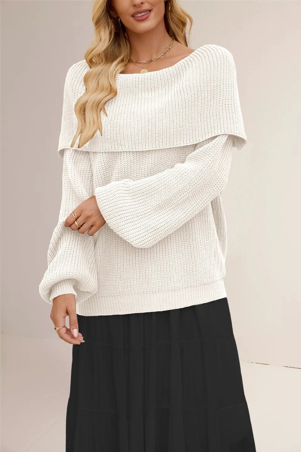 Women's Off-Shoulder Sweater – Relaxed Wide Neck Long Sleeve Pullover