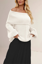 Women's Off-Shoulder Sweater – Relaxed Wide Neck Long Sleeve Pullover