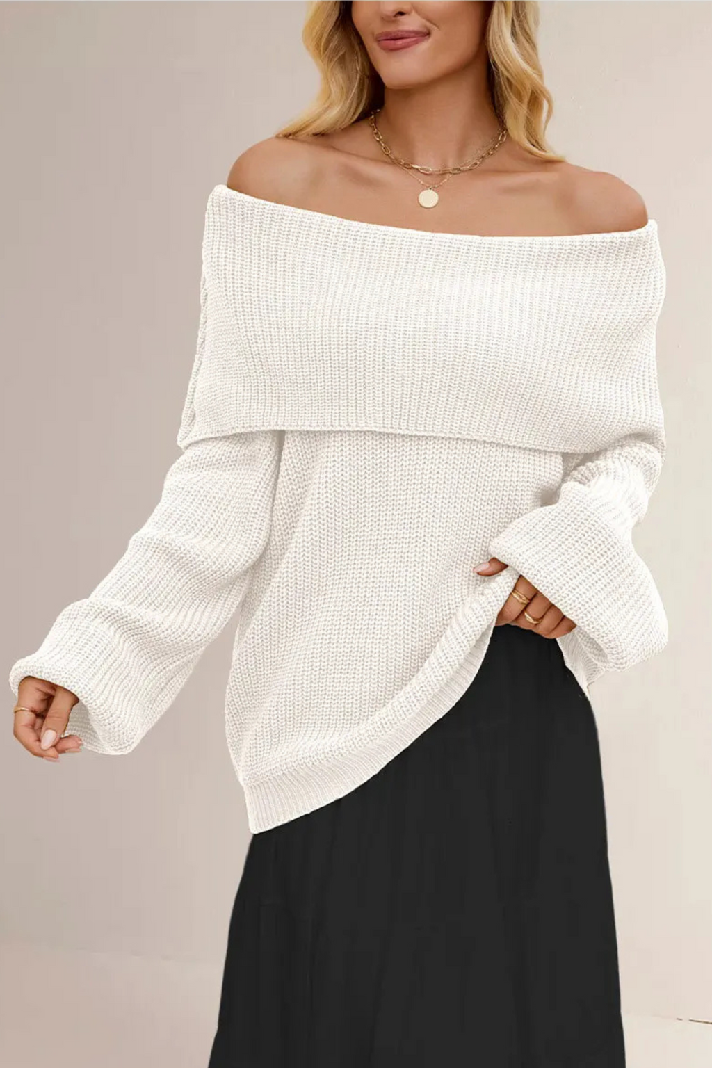 Women's Off-Shoulder Sweater – Relaxed Wide Neck Long Sleeve Pullover