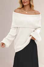 Women's Off-Shoulder Sweater – Relaxed Wide Neck Long Sleeve Pullover