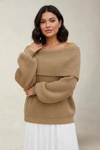 Women's Off-Shoulder Sweater – Relaxed Wide Neck Long Sleeve Pullover