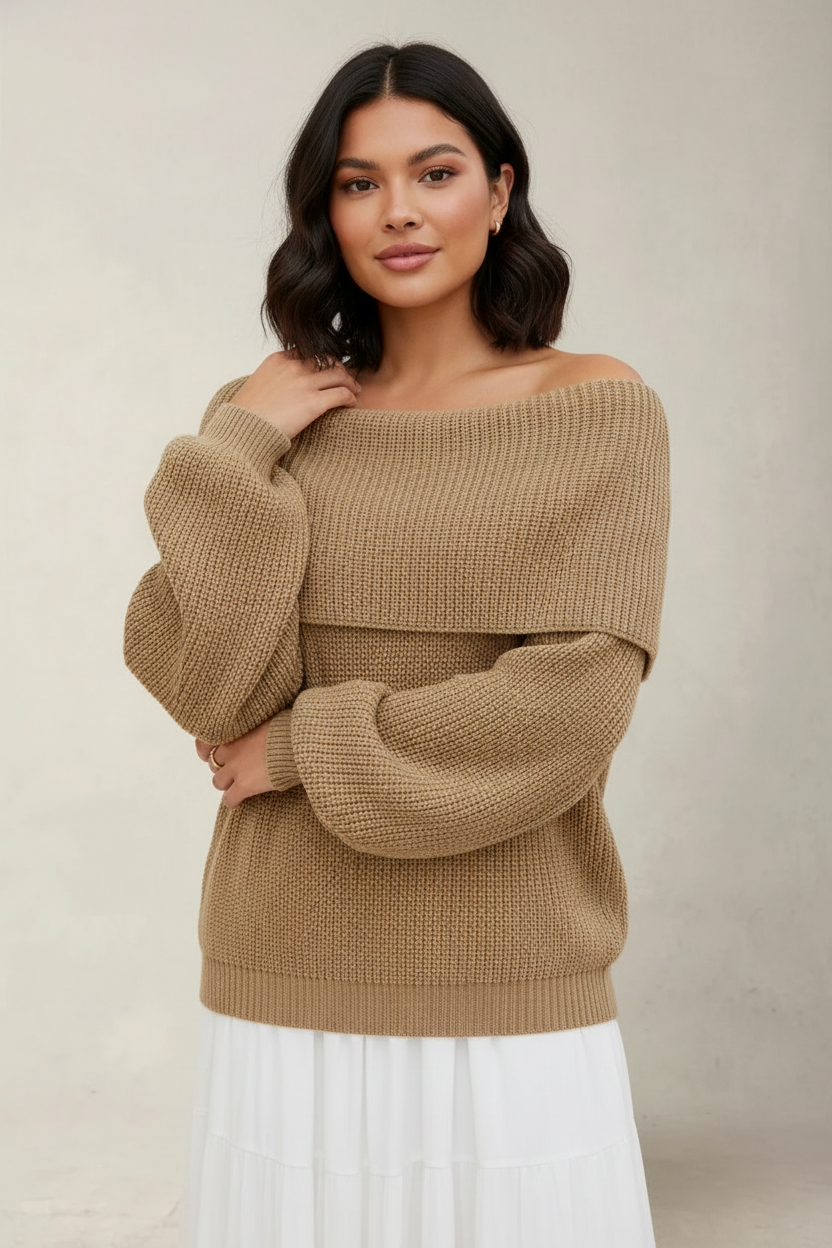 Women's Off-Shoulder Sweater – Relaxed Wide Neck Long Sleeve Pullover