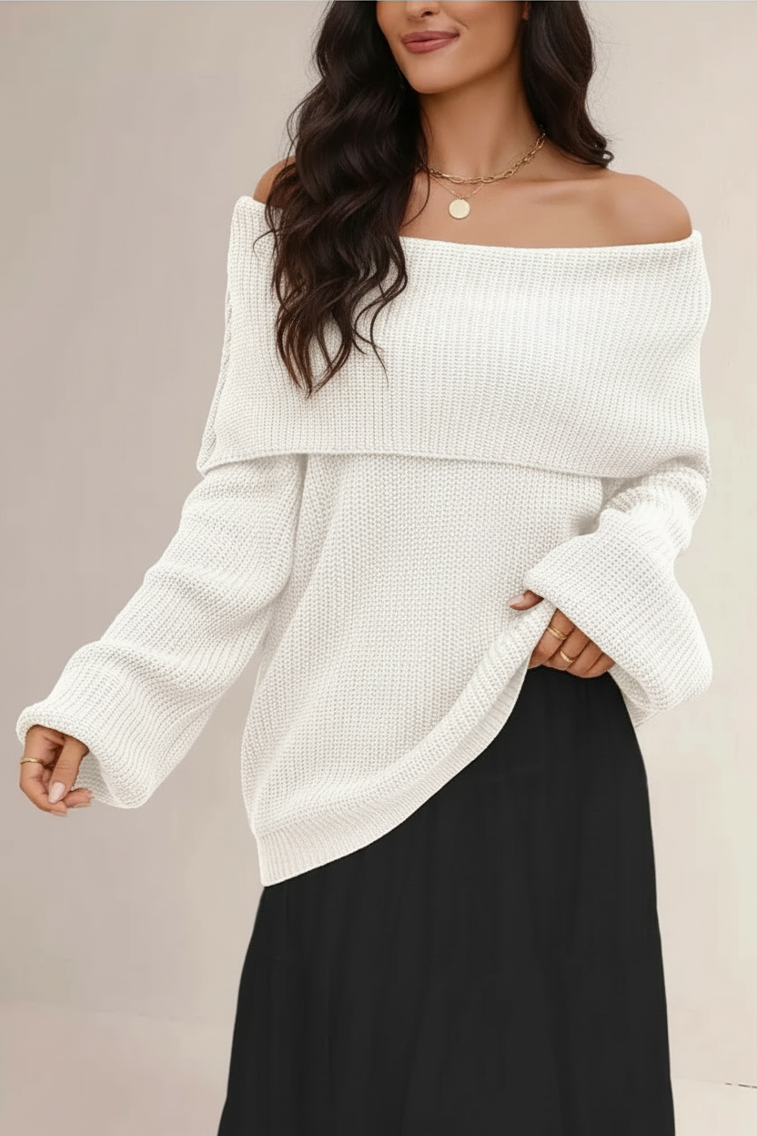 Women's Off-Shoulder Sweater – Relaxed Wide Neck Long Sleeve Pullover