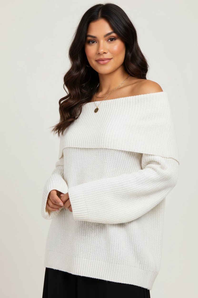 Women's Off-Shoulder Sweater – Relaxed Wide Neck Long Sleeve Pullover