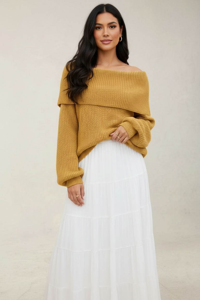 Women's Off-Shoulder Sweater – Relaxed Wide Neck Long Sleeve Pullover