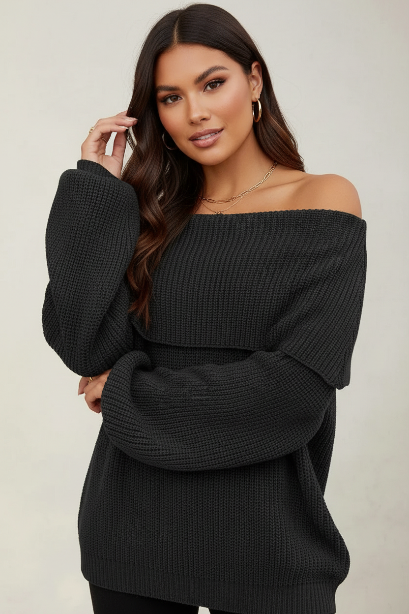 Women's Off-Shoulder Sweater – Relaxed Wide Neck Long Sleeve Pullover