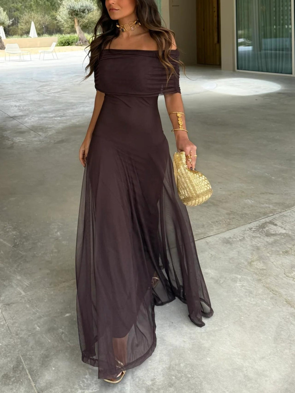 Women's Shimmer Draped Maxi Dress – Flowy Formal Evening Dress