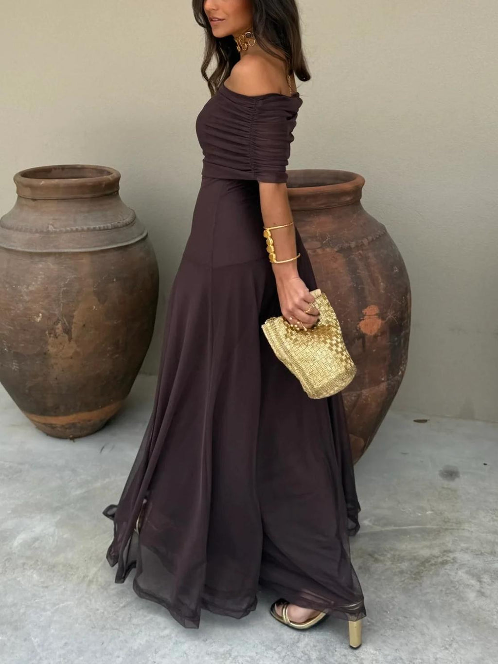 Women's Shimmer Draped Maxi Dress – Flowy Formal Evening Dress