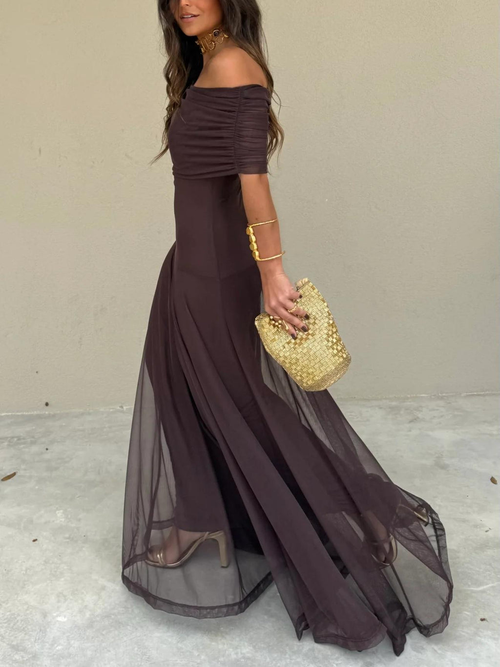 Women's Shimmer Draped Maxi Dress – Flowy Formal Evening Dress