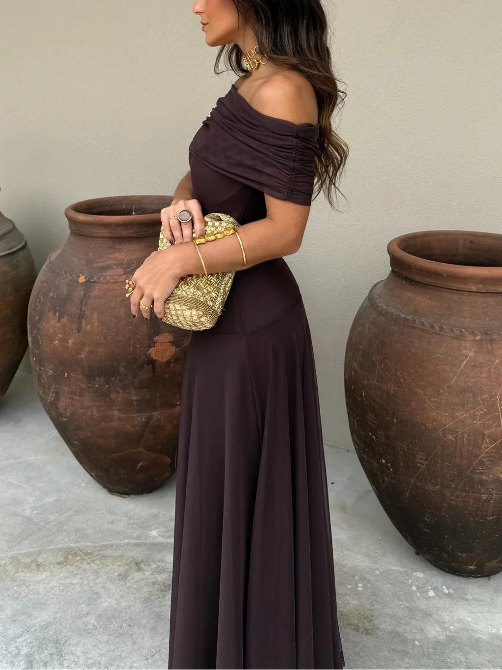 Women's Shimmer Draped Maxi Dress – Flowy Formal Evening Dress