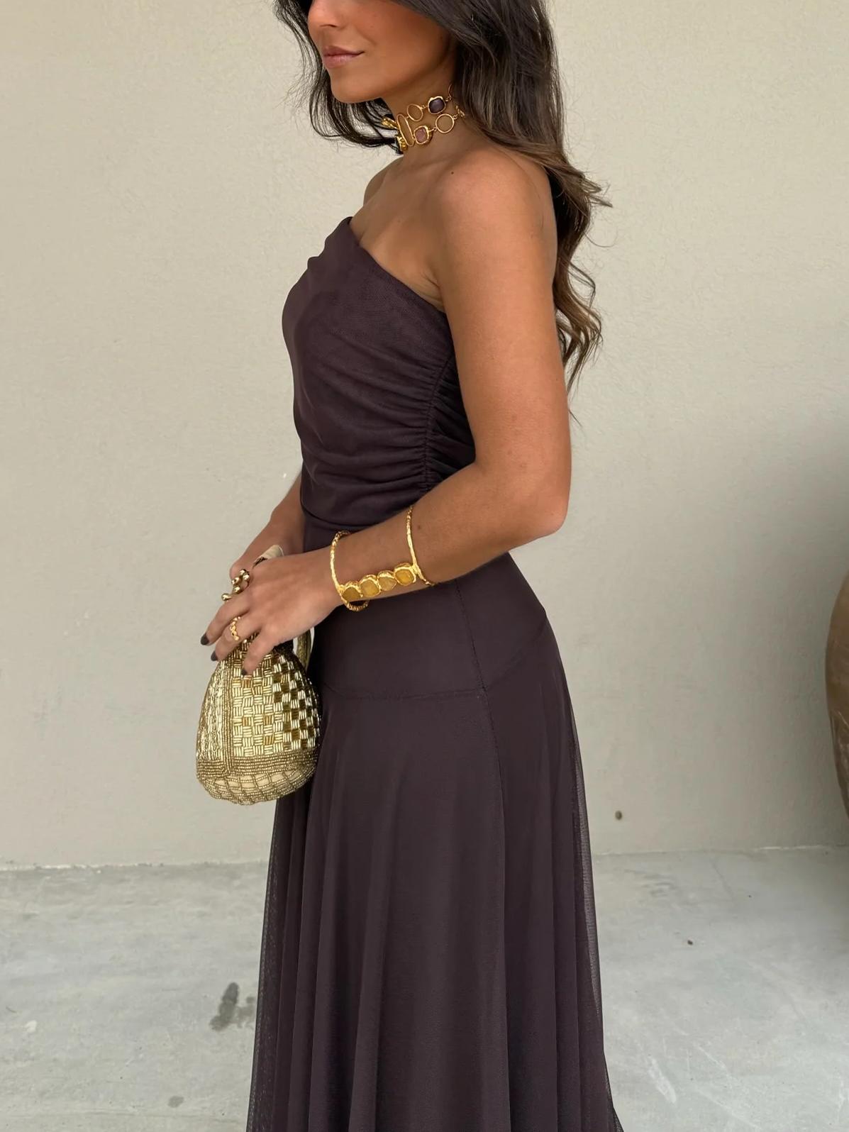 Women's Shimmer Draped Maxi Dress – Flowy Formal Evening Dress