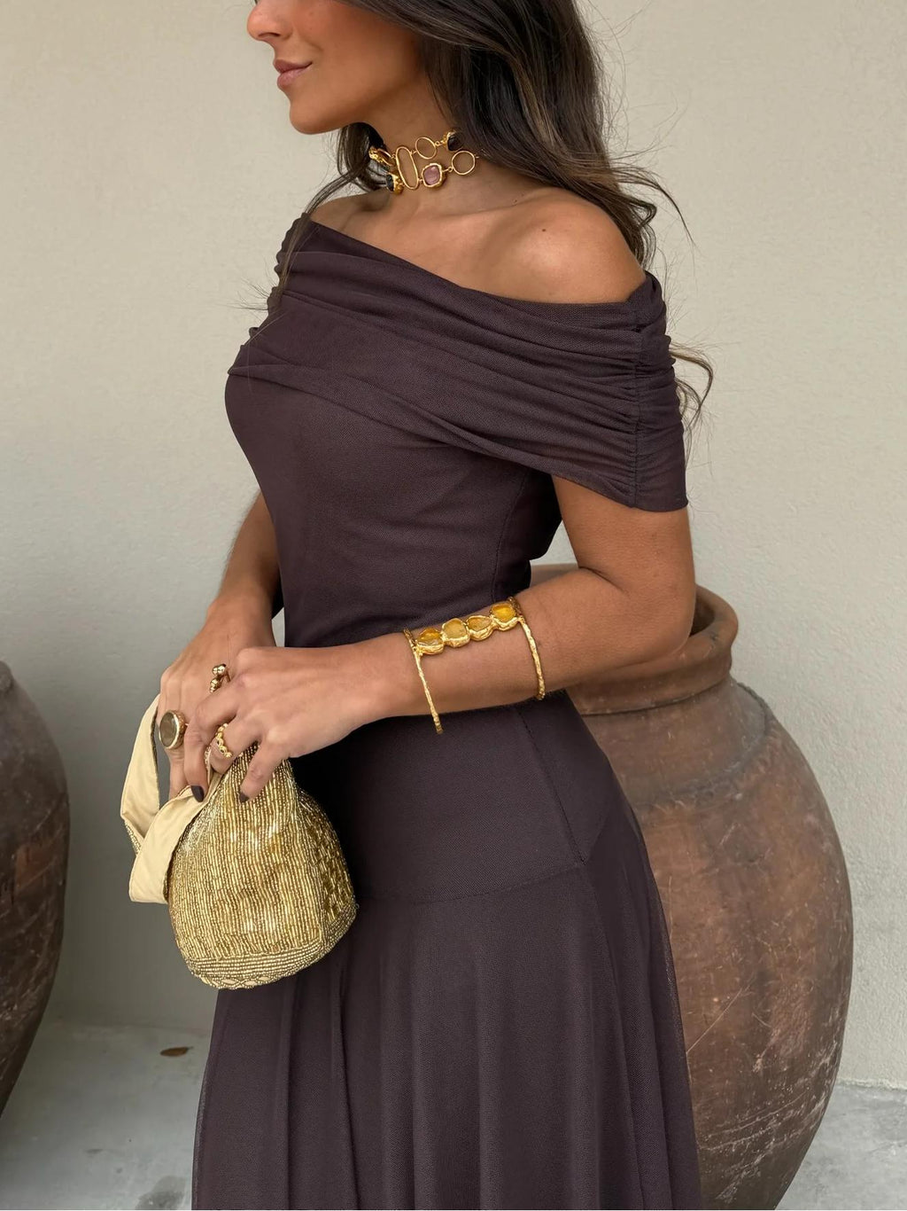 Women's Shimmer Draped Maxi Dress – Flowy Formal Evening Dress