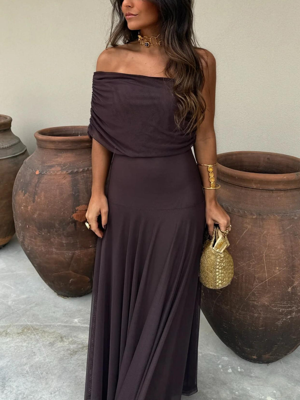 Women's Shimmer Draped Maxi Dress – Flowy Formal Evening Dress