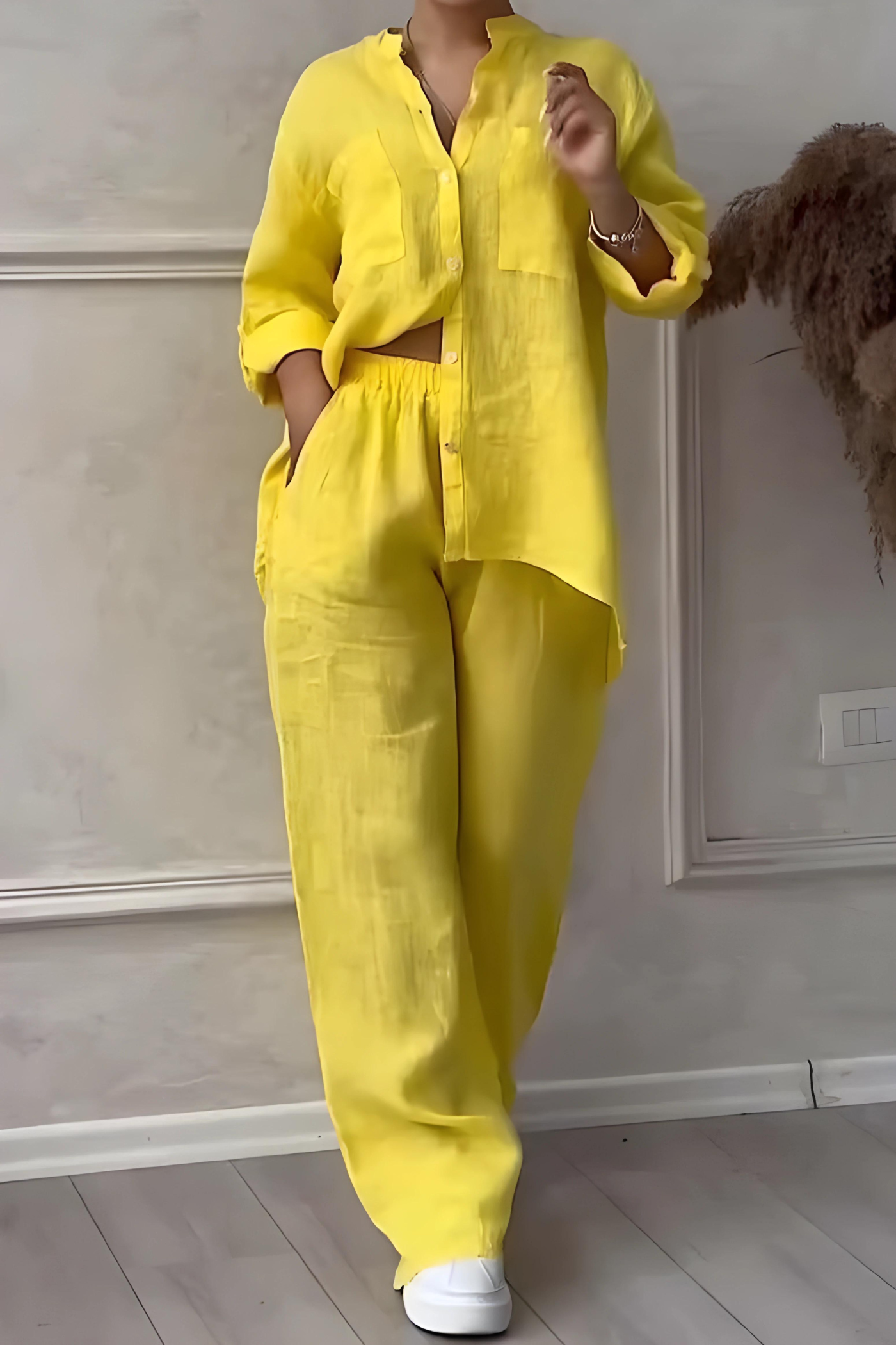 Women's Relaxed Blouse Set – Long Sleeve Top & Wide Leg Pants Set