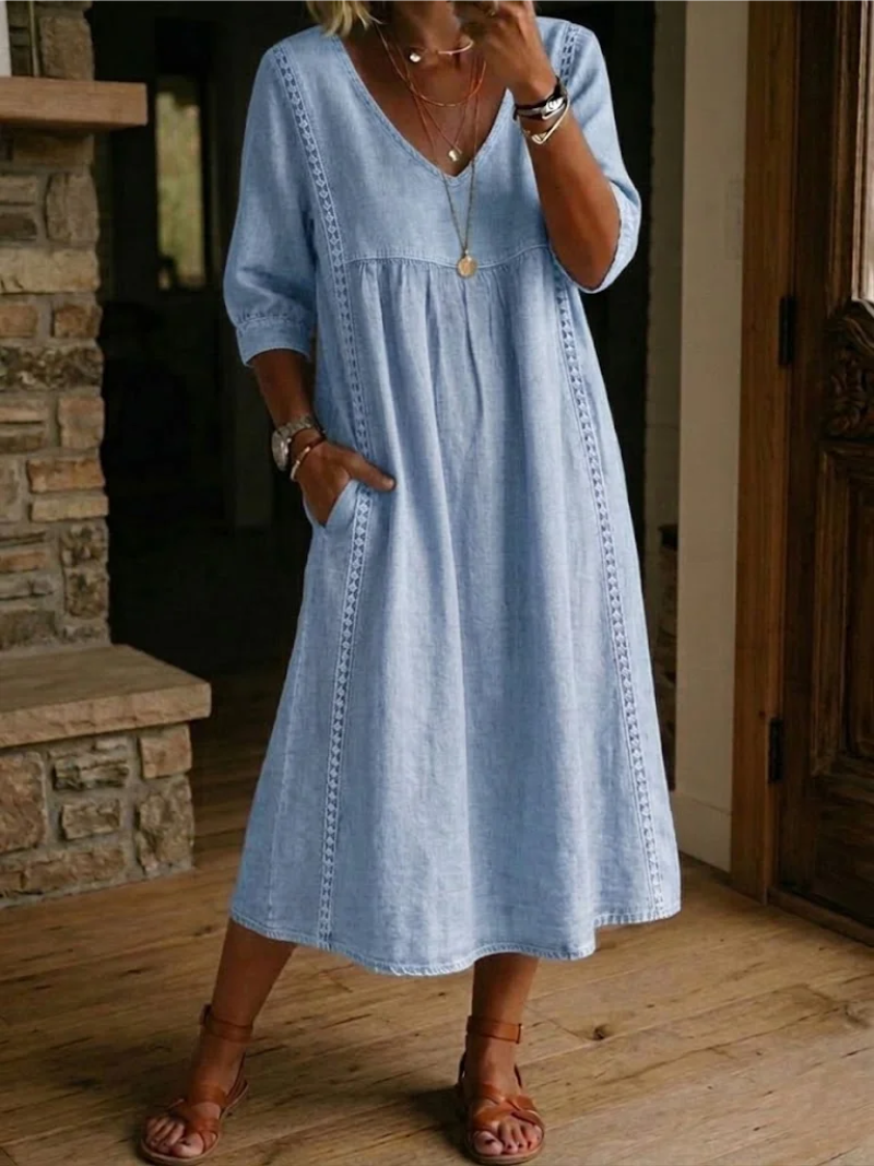 Women's V-Neck Midi Dress – Three-Quarter Sleeve Pocket Dress