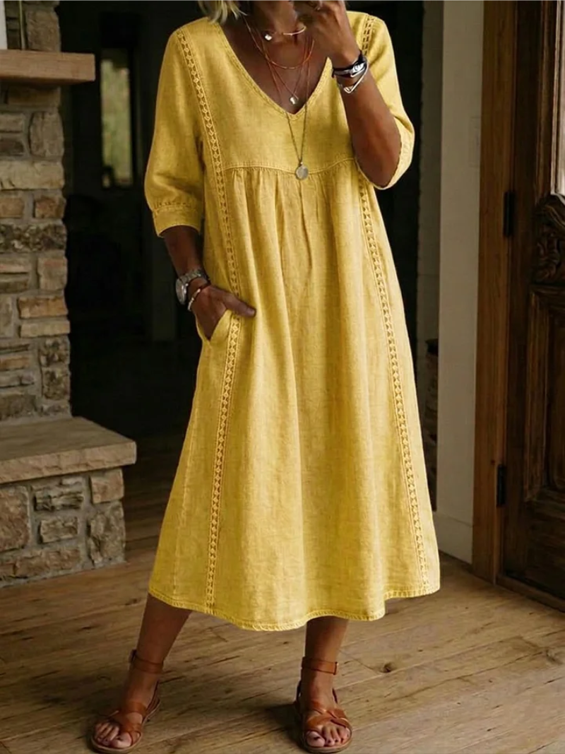 Women's V-Neck Midi Dress – Three-Quarter Sleeve Pocket Dress