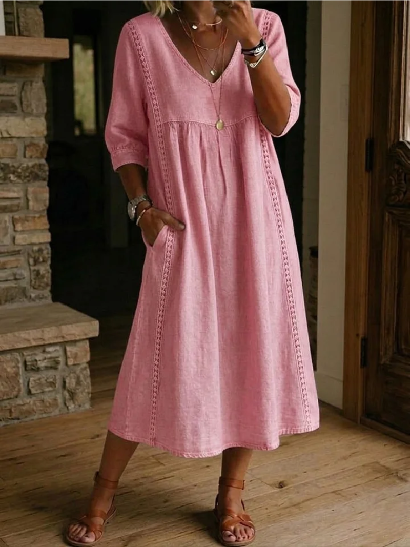 Women's V-Neck Midi Dress – Three-Quarter Sleeve Pocket Dress
