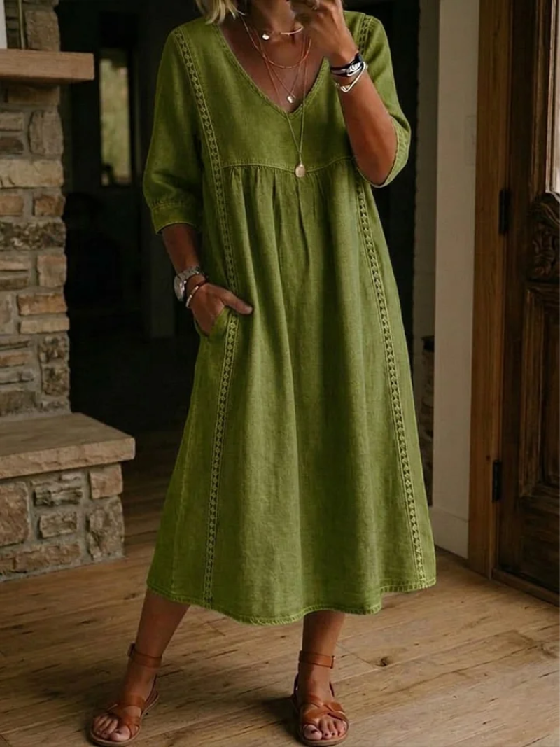 Women's V-Neck Midi Dress – Three-Quarter Sleeve Pocket Dress