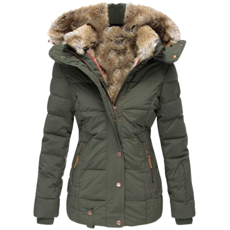 Women's Faux Fur Lined Winter Jacket – Button Front Stand Collar Coat