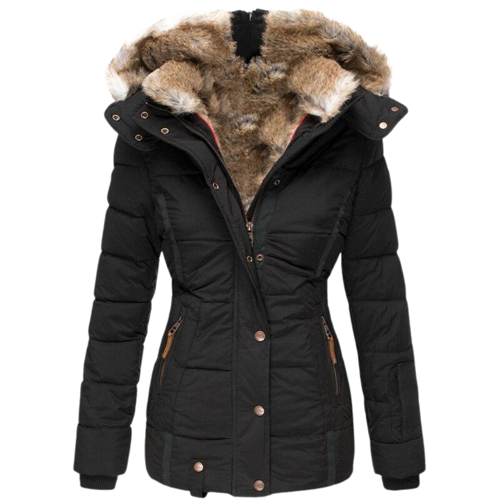 Women's Faux Fur Lined Winter Jacket – Button Front Stand Collar Coat