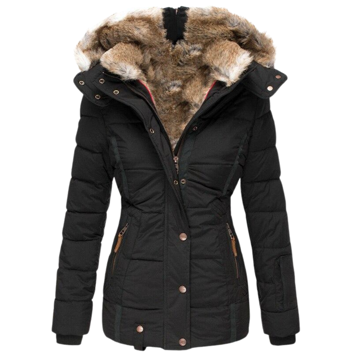 Women's Faux Fur Lined Winter Jacket – Button Front Stand Collar Coat